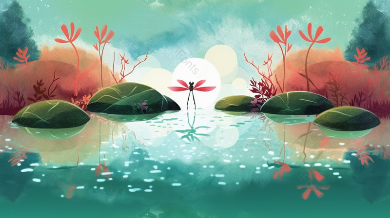 绿色池塘里荷叶荷花蜻蜓生态插画背景,插画/手绘图,插画/手绘图库,插画/手绘图下载,插画/手绘
